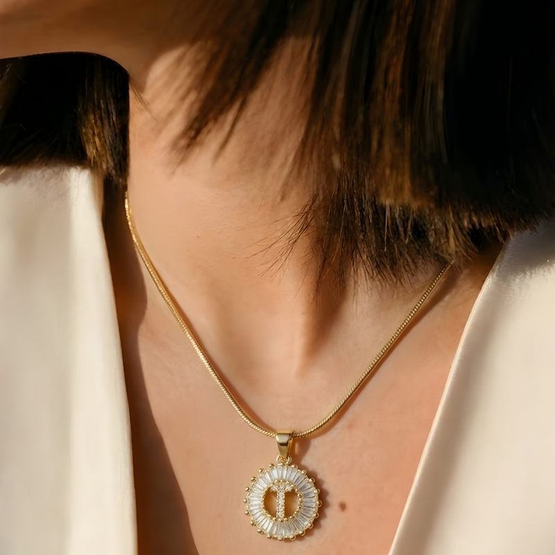 Initial Round Zirconia Hollow Letters Necklace - 18k Gold Plated