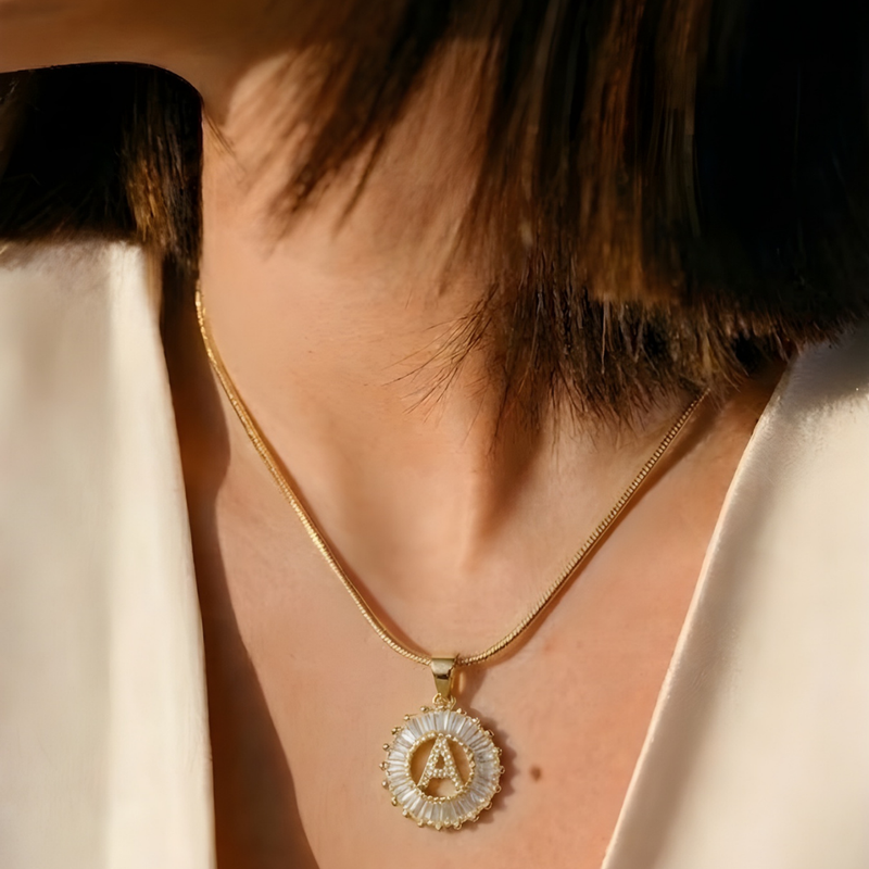 Initial Round Zirconia Hollow Letters Necklace - 18k Gold Plated