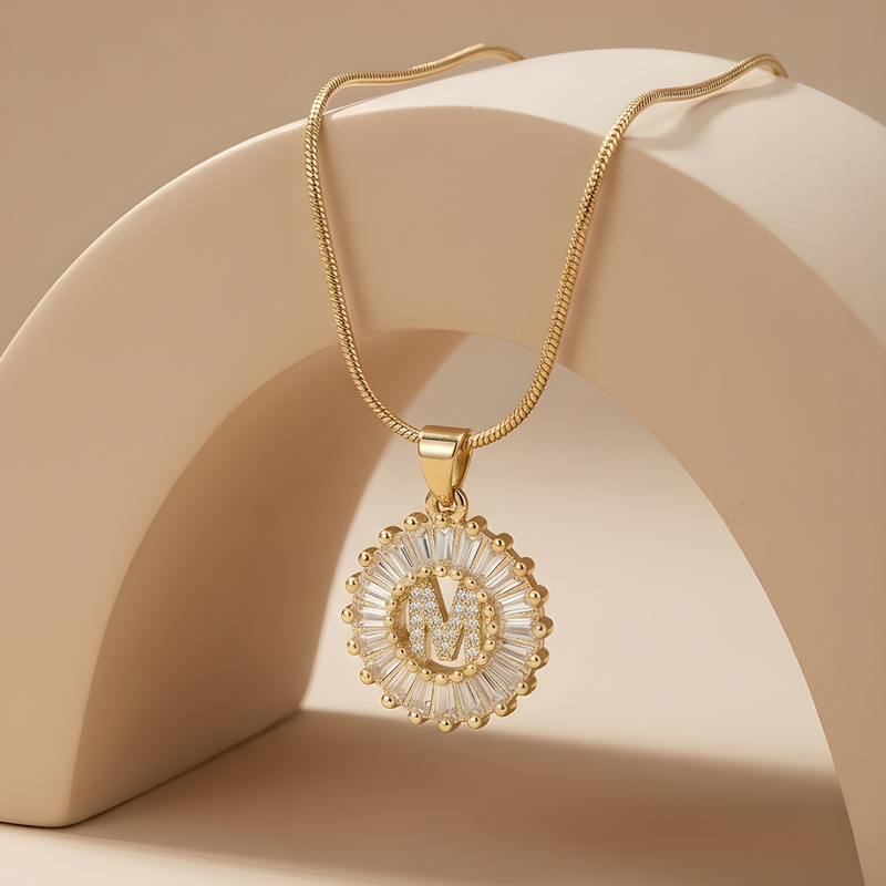 Initial Round Zirconia Hollow Letters Necklace - 18k Gold Plated
