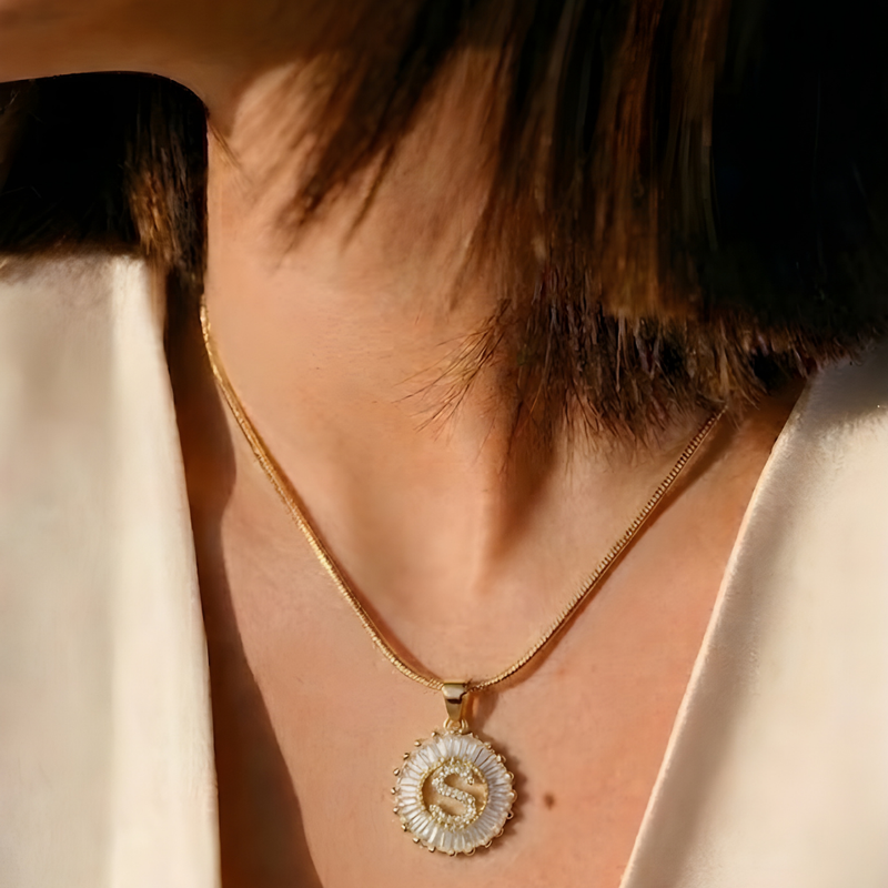Initial Round Zirconia Hollow Letters Necklace - 18k Gold Plated