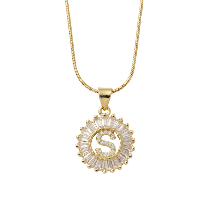Initial Round Zirconia Hollow Letters Necklace - 18k Gold Plated