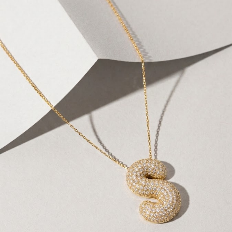 Bubble pave initial necklace - 18k gold plated