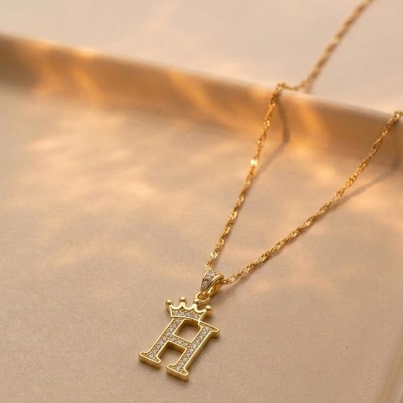 Initial Crown Detail Zirconia Letter Pendant Necklace - 18k Gold Plated