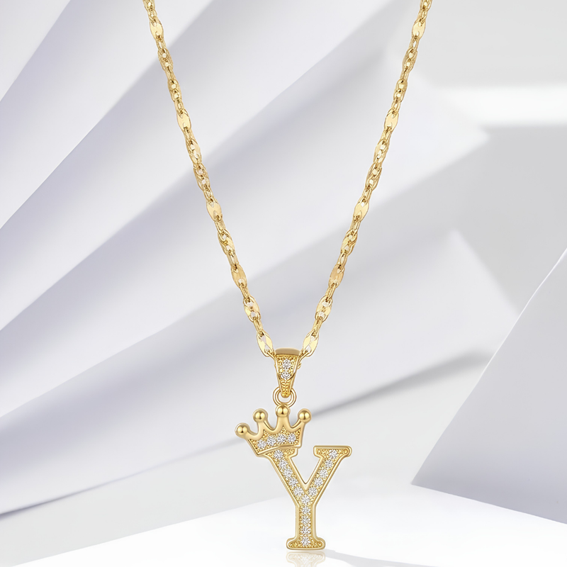 Initial Crown Detail Zirconia Letter Pendant Necklace - 18k Gold Plated