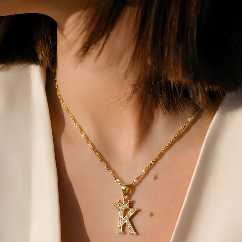 Initial Crown Detail Zirconia Letter Pendant Necklace - 18k Gold Plated