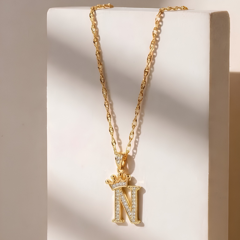 Initial Crown Detail Zirconia Letter Pendant Necklace - 18k Gold Plated