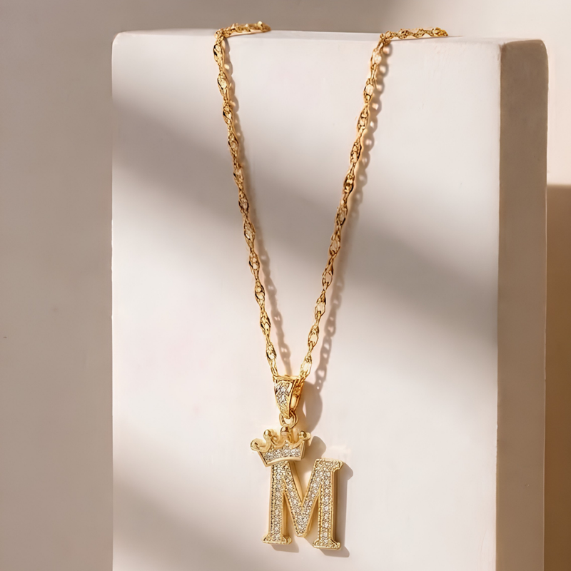 Initial Crown Detail Zirconia Letter Pendant Necklace - 18k Gold Plated