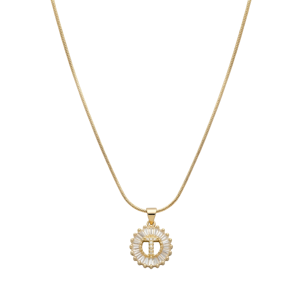 Initial Round Zirconia Hollow Letters Necklace - 18k Gold Plated