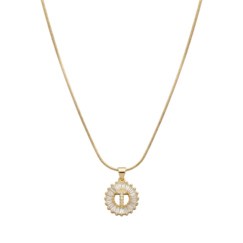 Initial Round Zirconia Hollow Letters Necklace - 18k Gold Plated T