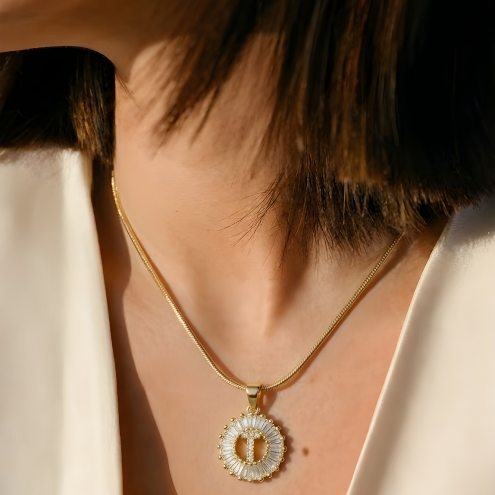 Initial Round Zirconia Hollow Letters Necklace - 18k Gold Plated