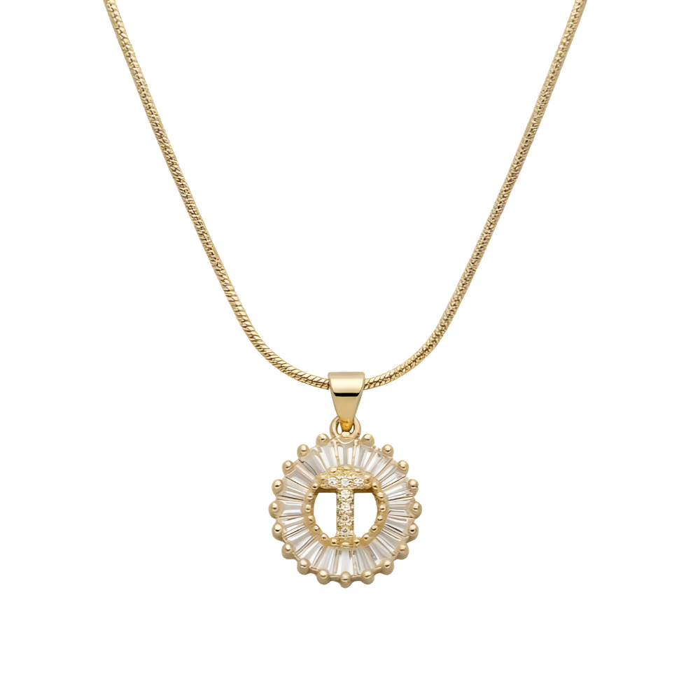 Initial Round Zirconia Hollow Letters Necklace - 18k Gold Plated