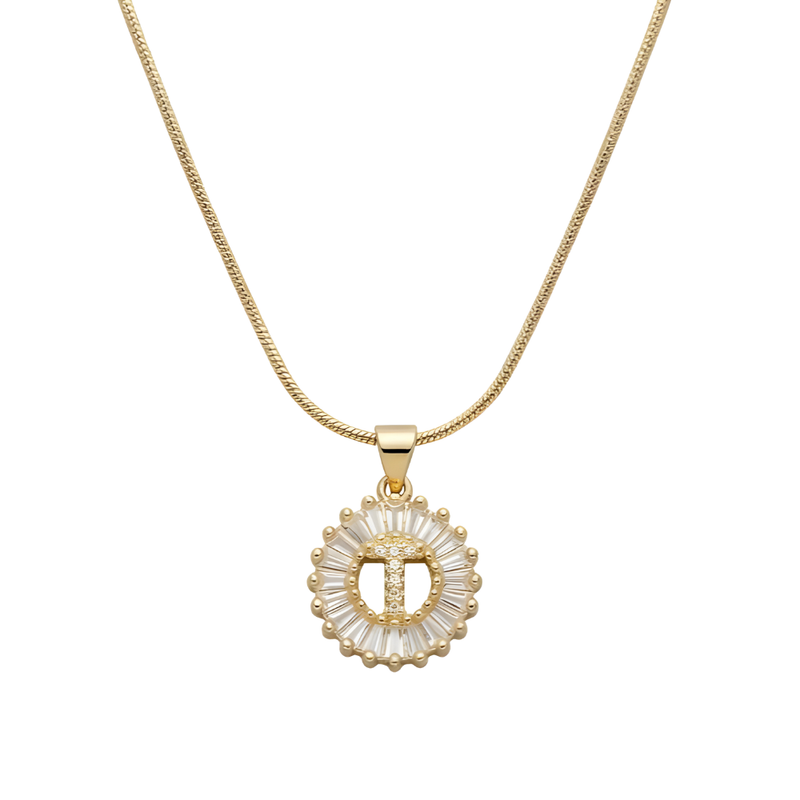 Initial Round Zirconia Hollow Letters Necklace - 18k Gold Plated