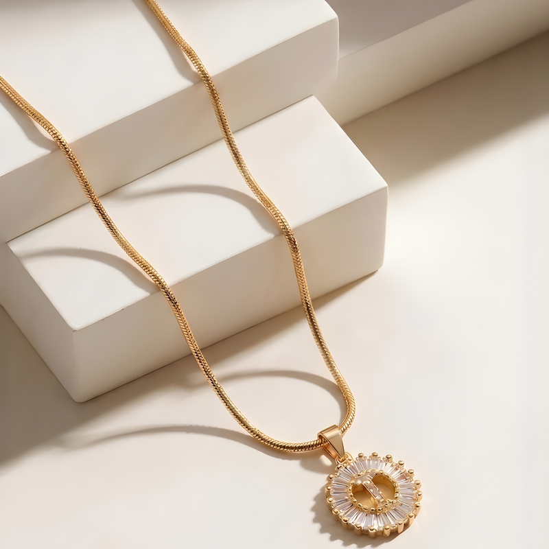 Initial Round Zirconia Hollow Letters Necklace - 18k Gold Plated