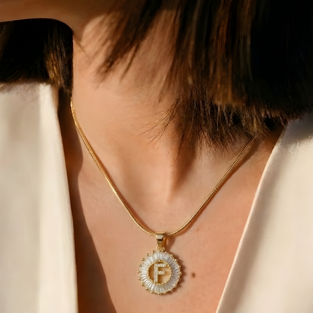 Initial Round Zirconia Hollow Letters Necklace - 18k Gold Plated