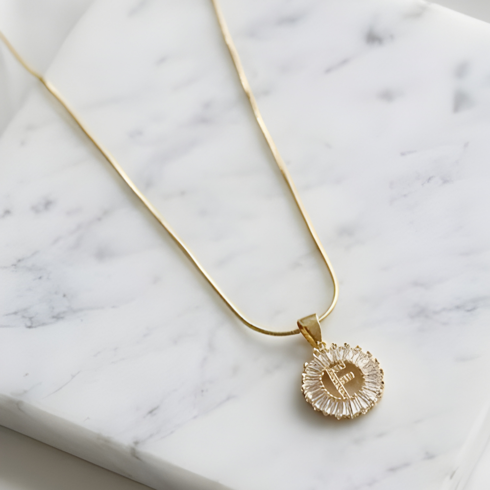 Initial Round Zirconia Hollow Letters Necklace - 18k Gold Plated