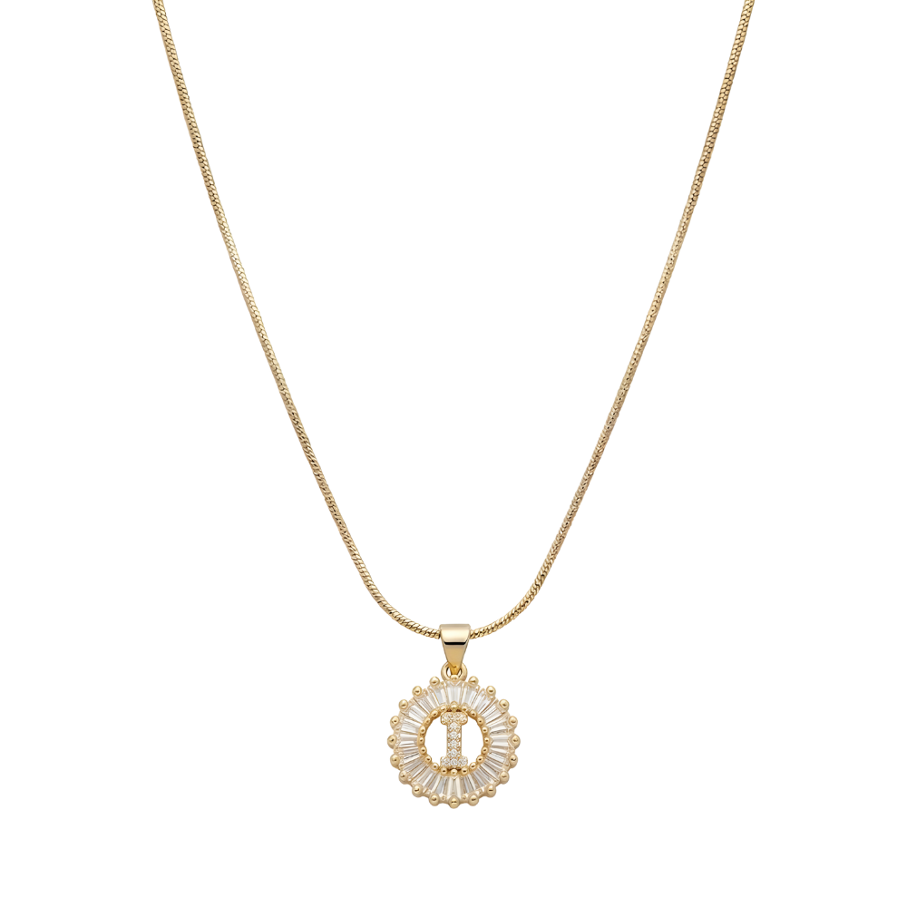 Initial Round Zirconia Hollow Letters Necklace - 18k Gold Plated