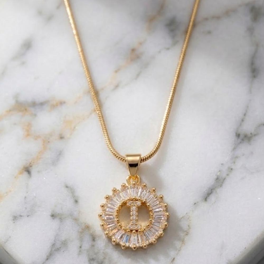 Initial Round Zirconia Hollow Letters Necklace - 18k Gold Plated