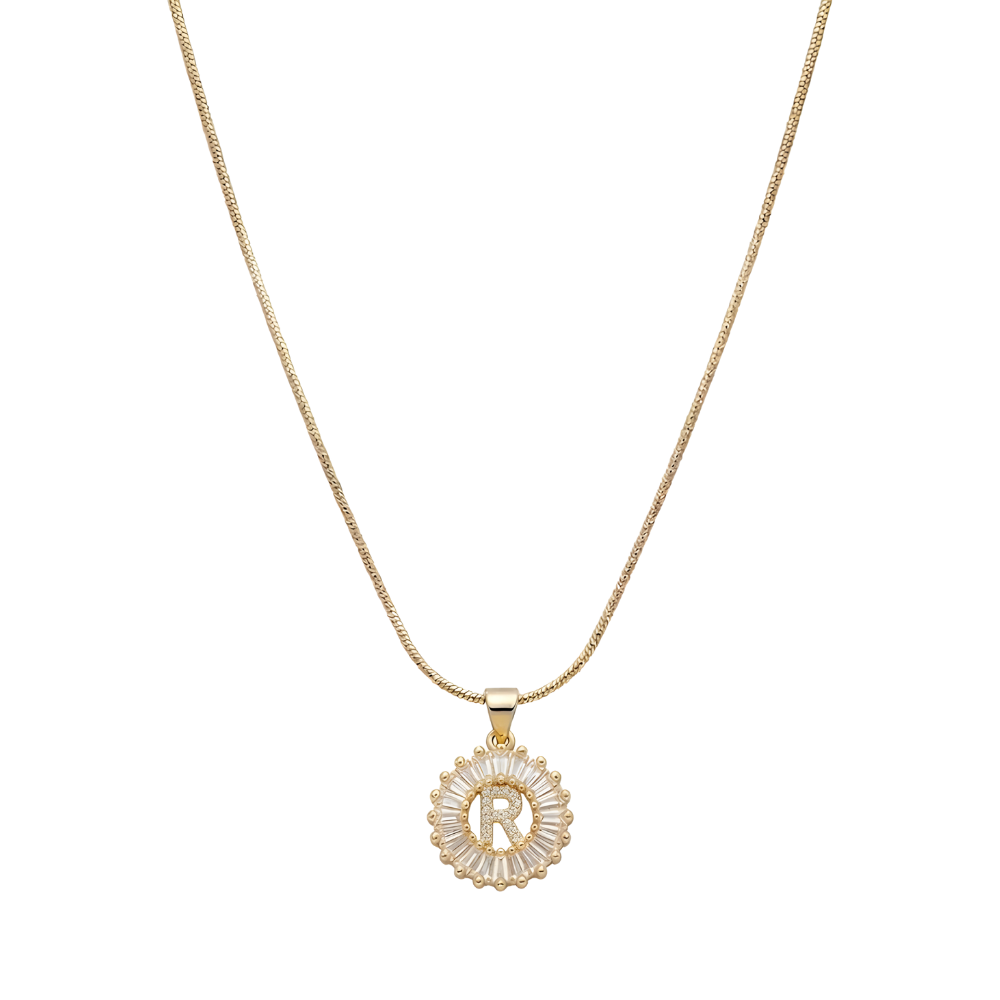 Initial Round Zirconia Hollow Letters Necklace - 18k Gold Plated