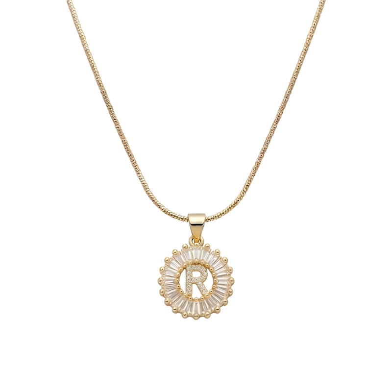 Initial Round Zirconia Hollow Letters Necklace - 18k Gold Plated