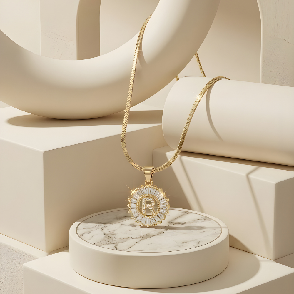 Initial Round Zirconia Hollow Letters Necklace - 18k Gold Plated