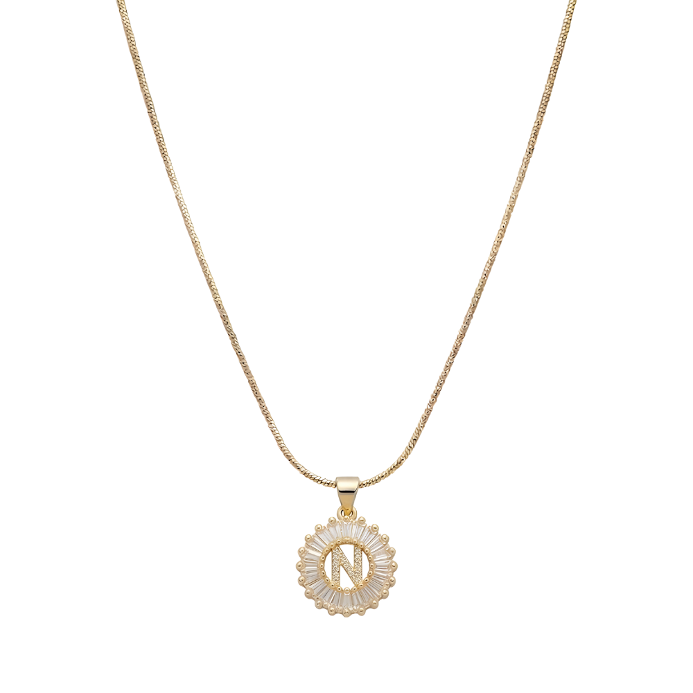 Initial Round Zirconia Hollow Letters Necklace - 18k Gold Plated