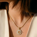 Initial Round Zirconia Hollow Letters Necklace - 18k Gold Plated