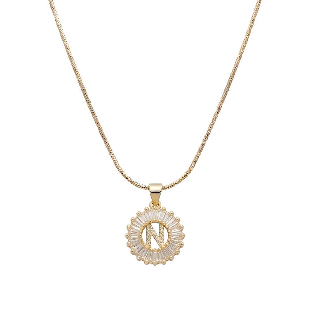 Initial Round Zirconia Hollow Letters Necklace - 18k Gold Plated