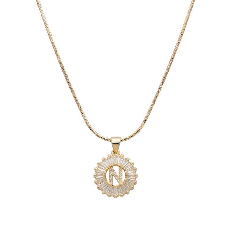 Initial Round Zirconia Hollow Letters Necklace - 18k Gold Plated