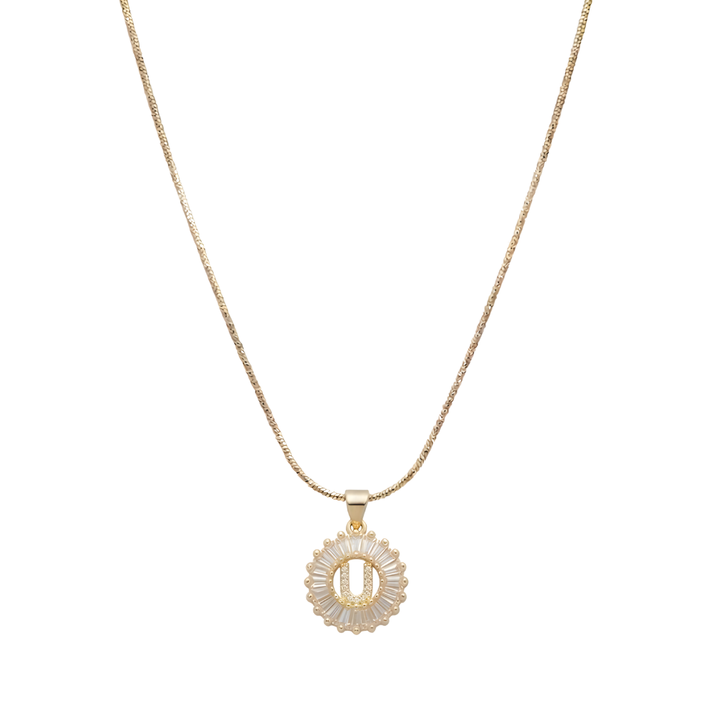 Initial Round Zirconia Hollow Letters Necklace - 18k Gold Plated