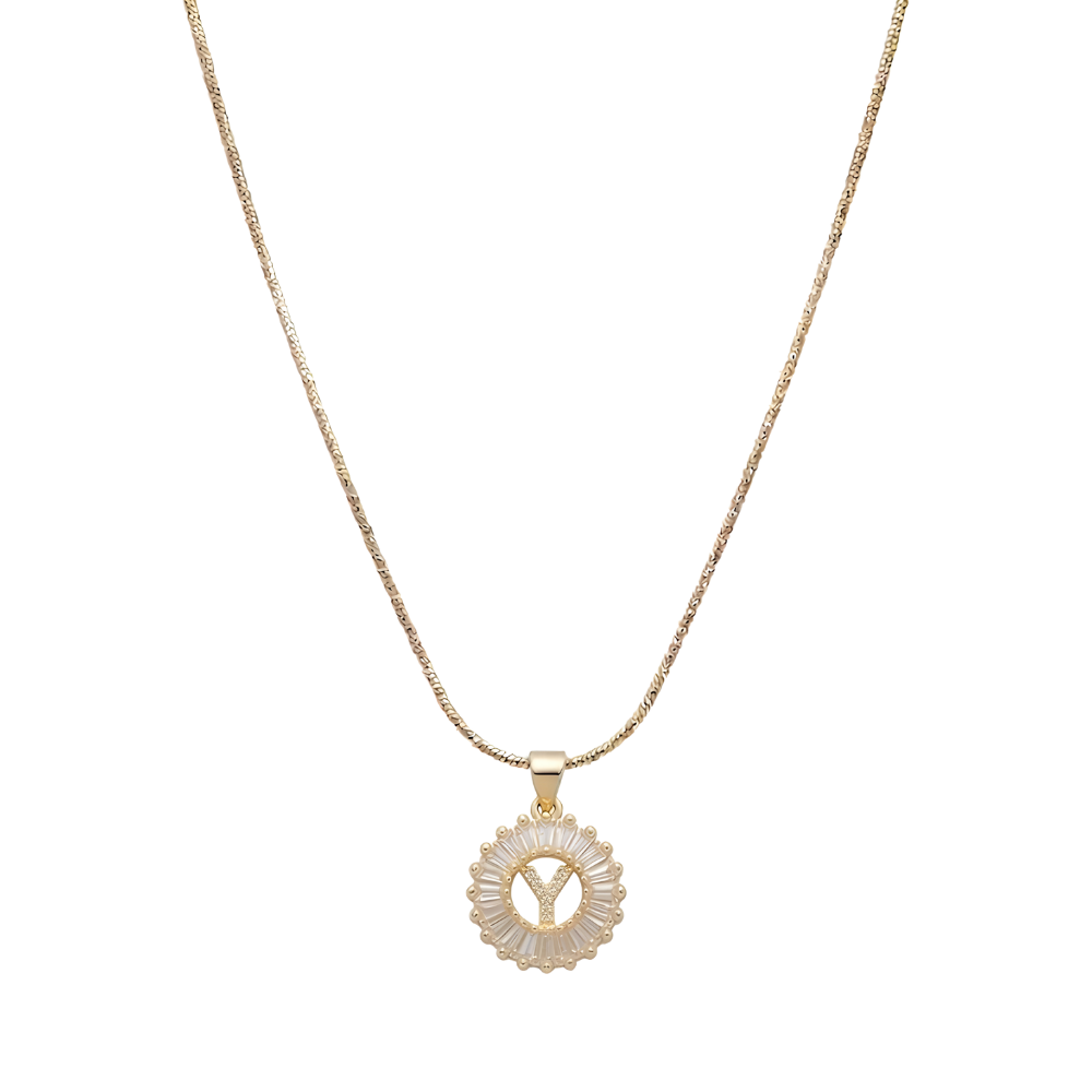 Initial Round Zirconia Hollow Letters Necklace - 18k Gold Plated