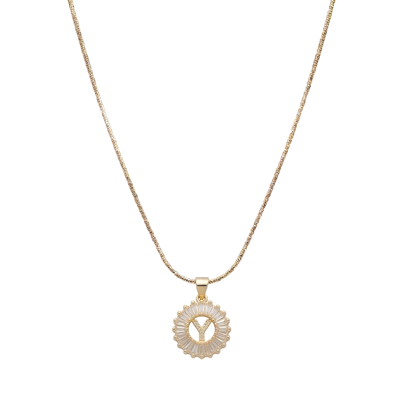 Initial Round Zirconia Hollow Letters Necklace - 18k Gold Plated Y
