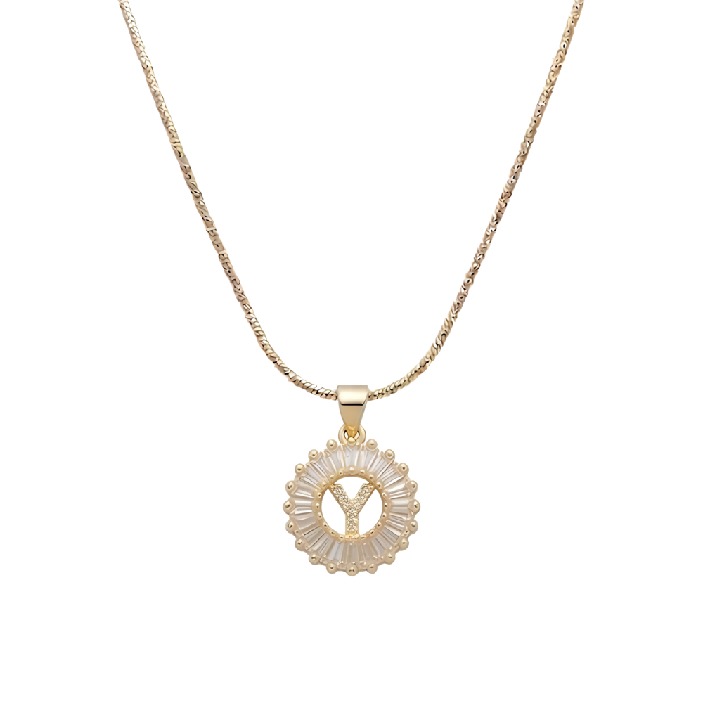 Initial Round Zirconia Hollow Letters Necklace - 18k Gold Plated