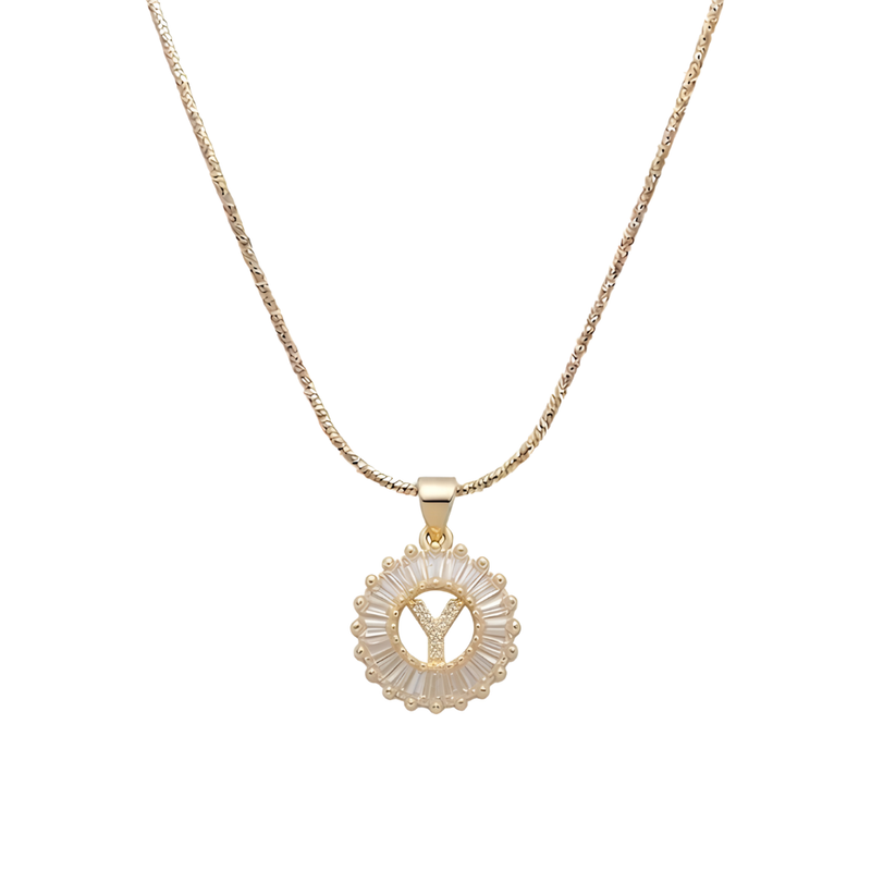 Initial Round Zirconia Hollow Letters Necklace - 18k Gold Plated