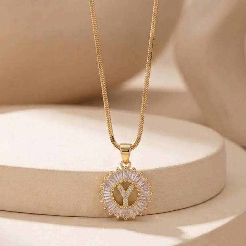Initial Round Zirconia Hollow Letters Necklace - 18k Gold Plated