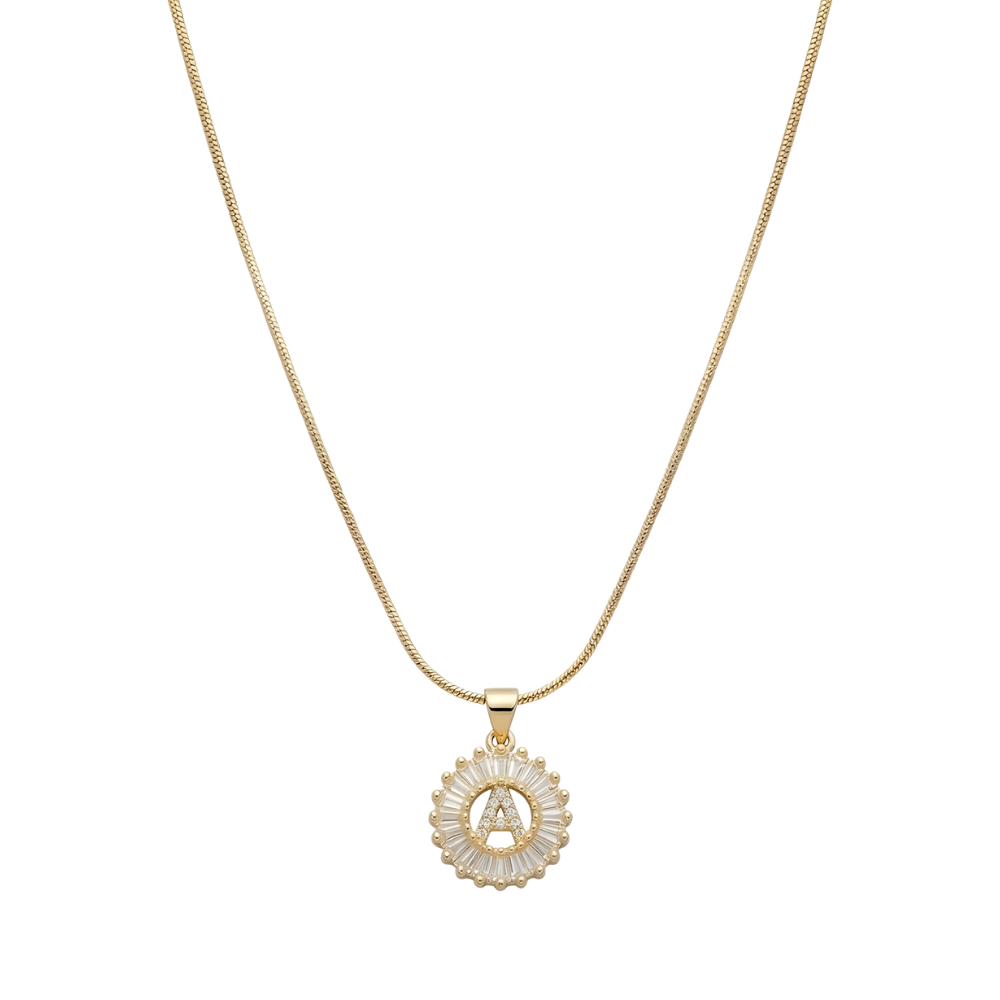 Initial Round Zirconia Hollow Letters Necklace - 18k Gold Plated
