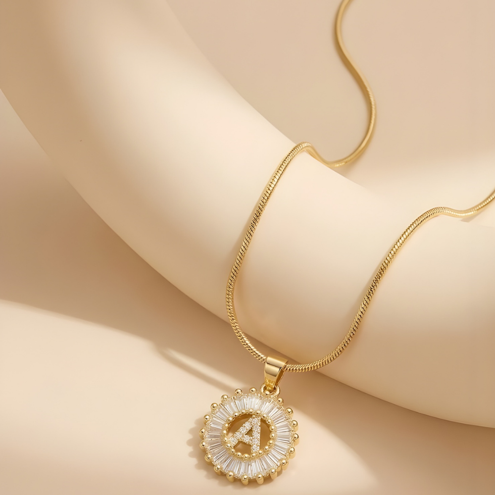 Initial Round Zirconia Hollow Letters Necklace - 18k Gold Plated