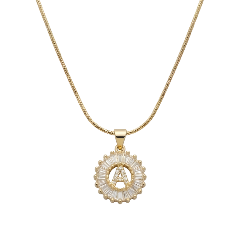 Initial Round Zirconia Hollow Letters Necklace - 18k Gold Plated