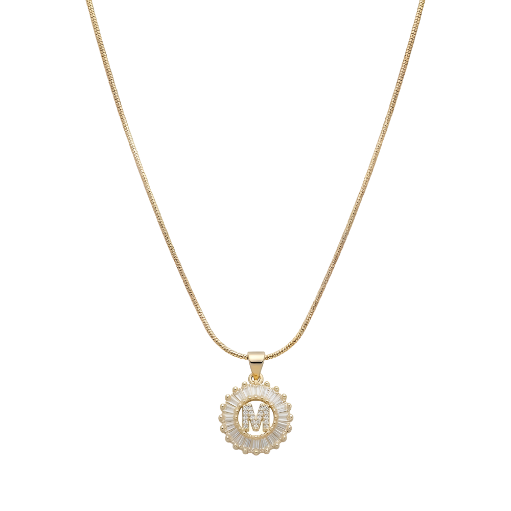 Initial Round Zirconia Hollow Letters Necklace - 18k Gold Plated