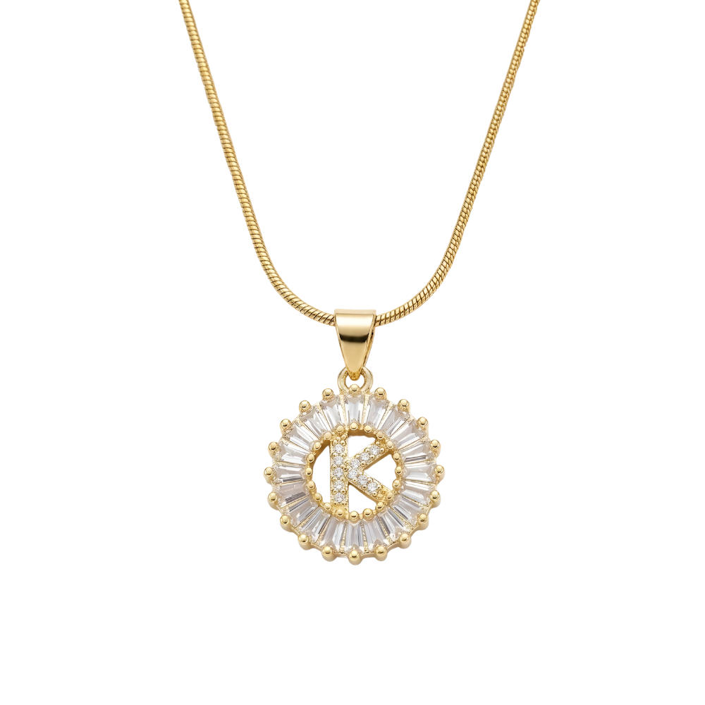 Initial Round Zirconia Hollow Letters Necklace - 18k Gold Plated