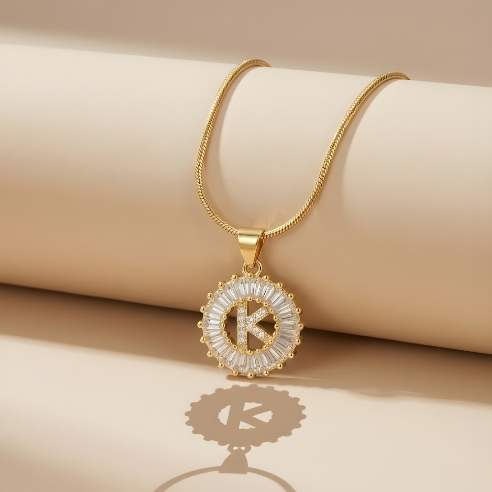 Initial Round Zirconia Hollow Letters Necklace - 18k Gold Plated