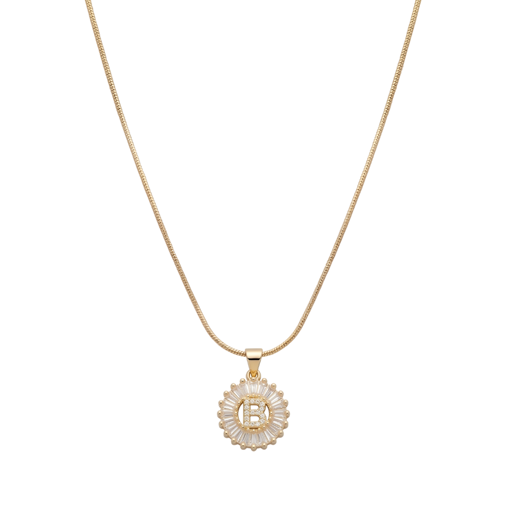 Initial Round Zirconia Hollow Letters Necklace - 18k Gold Plated