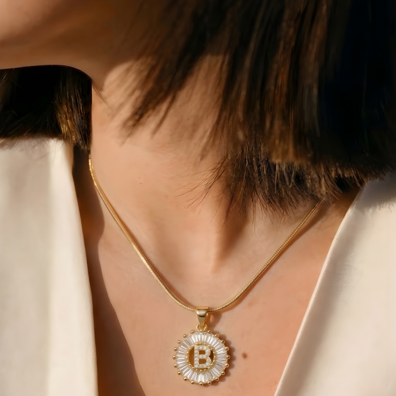Initial Round Zirconia Hollow Letters Necklace - 18k Gold Plated