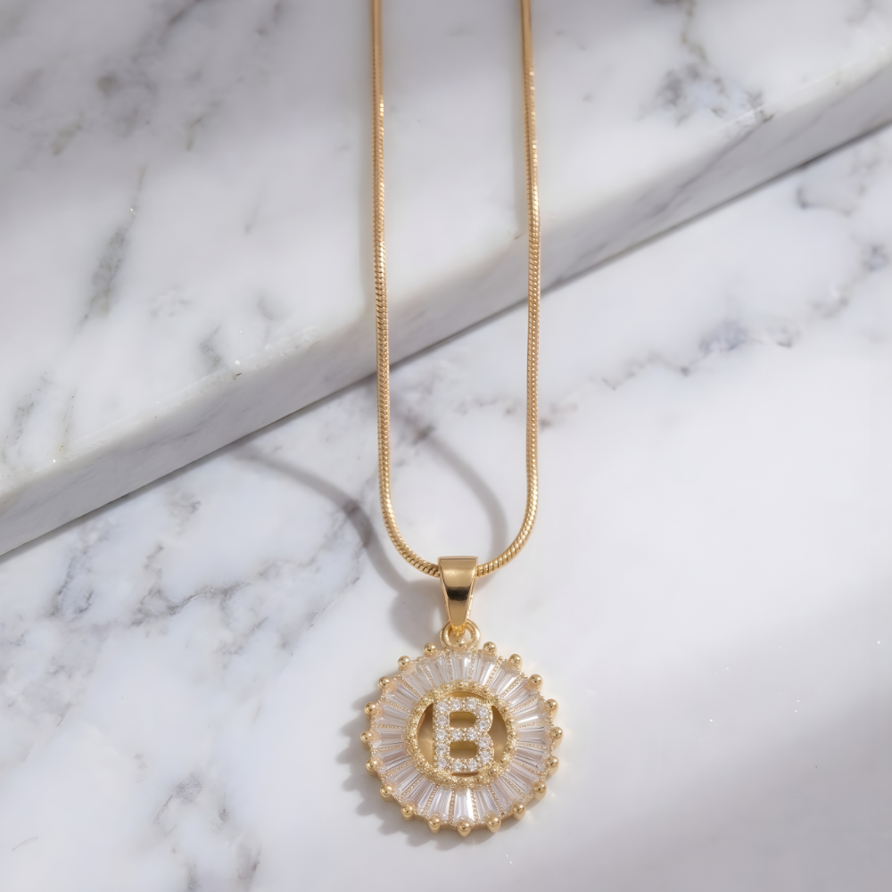 Initial Round Zirconia Hollow Letters Necklace - 18k Gold Plated