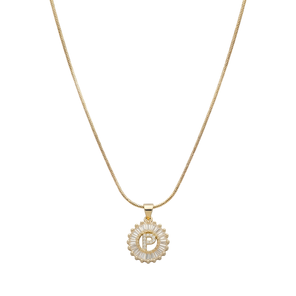 Initial Round Zirconia Hollow Letters Necklace - 18k Gold Plated