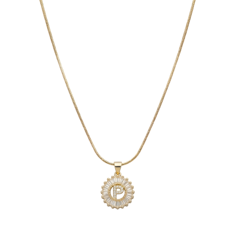 Initial Round Zirconia Hollow Letters Necklace - 18k Gold Plated P