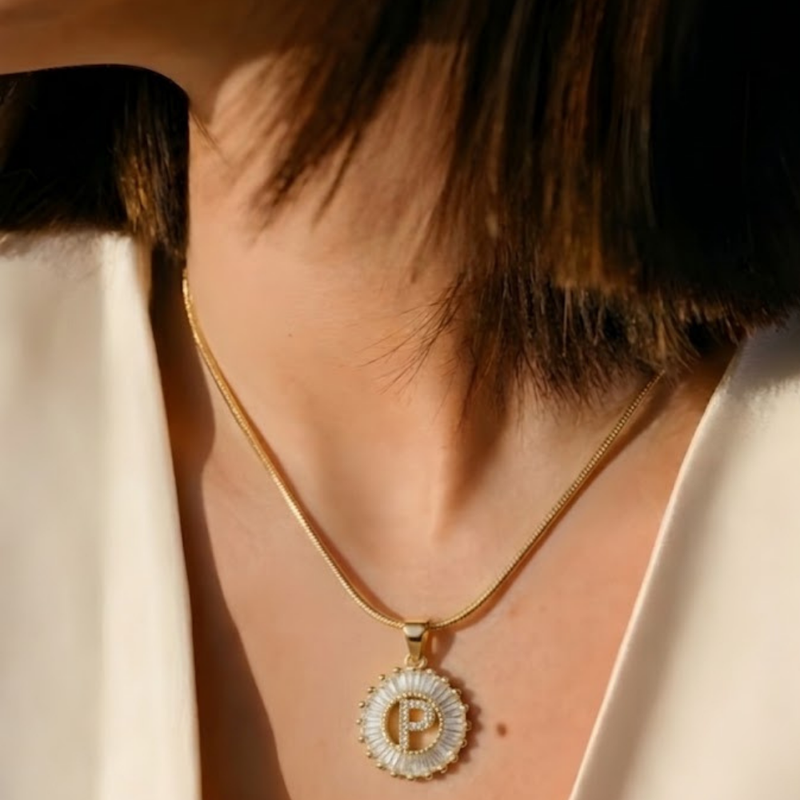 Initial Round Zirconia Hollow Letters Necklace - 18k Gold Plated