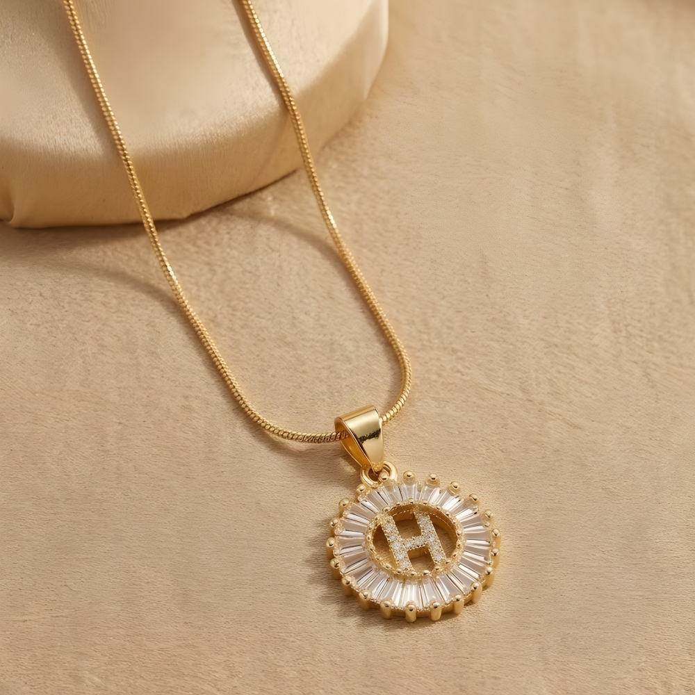 Initial Round Zirconia Hollow Letters Necklace - 18k Gold Plated