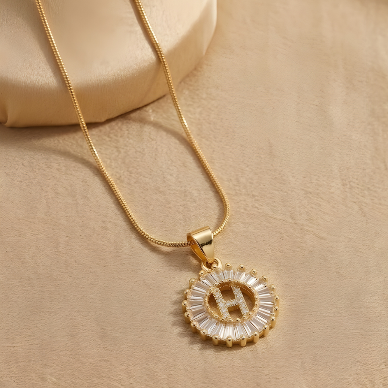 Initial Round Zirconia Hollow Letters Necklace - 18k Gold Plated