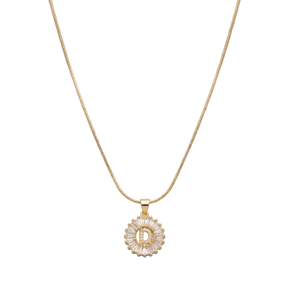 Initial Round Zirconia Hollow Letters Necklace - 18k Gold Plated