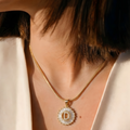 Initial Round Zirconia Hollow Letters Necklace - 18k Gold Plated